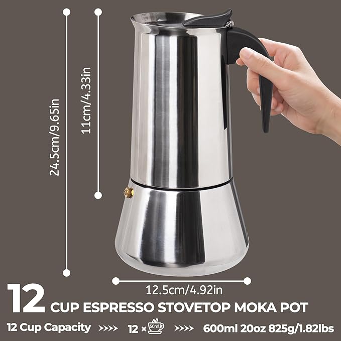 12 Cup 600ml Moka Pot Stainless Steel Espresso Coffee Maker Stovetop Percolator Coffeemaker Italian Classic Style Brewing Greca Cafe Mocha Machine for Cafeteras Lover Camping Travel and Home Use 20oz