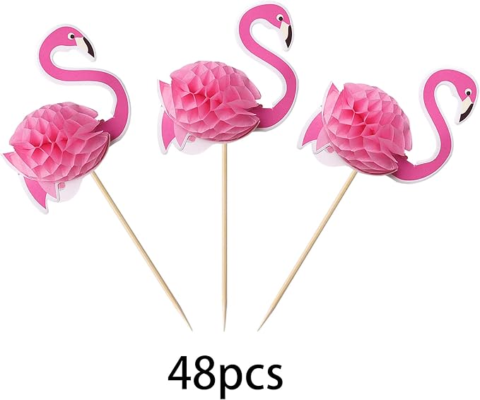 48 Pcs 3D Flamingo Cupcake Toppers Cocktail Tropical Aloha Luau Cupcake Picks Flamingo Summer Hawaiian Beach Cupcake Decorations for Baby Shower Birthday Wedding Party Supplies Pink