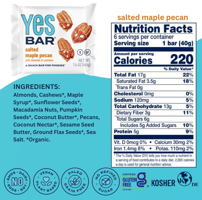 The YES Bar ??Salted Maple Pecan ??Plant Based Protein, Decadent Snack Bar ??Vegan, Paleo, Gluten Free, Dairy Free, Low Sugar, Healthy Snack, Breakfast, Low Carb, Keto Friendly (24 Count)