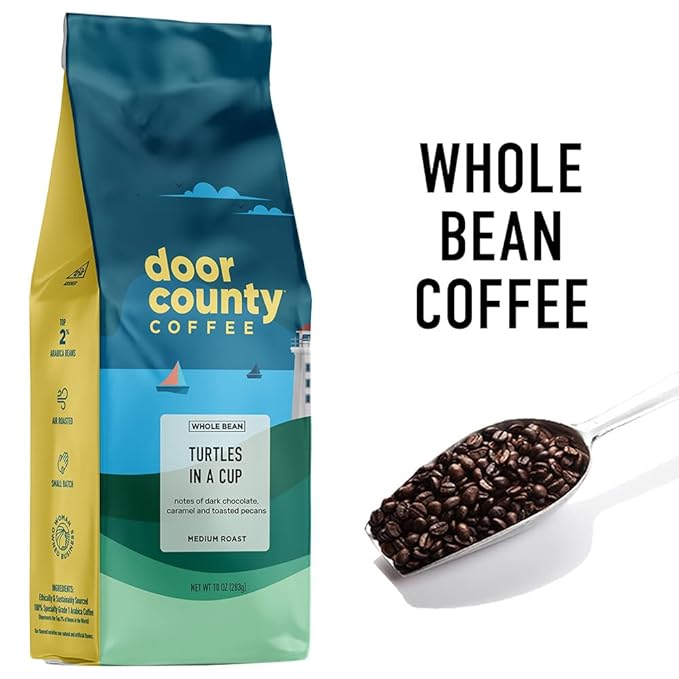 Door County Coffee Turtles in a Cup Flavored Whole Bean | 10 oz Bag | Medium Roast | 100% Specialty Arabica | Flavored Gourmet | Turtles in a Cup