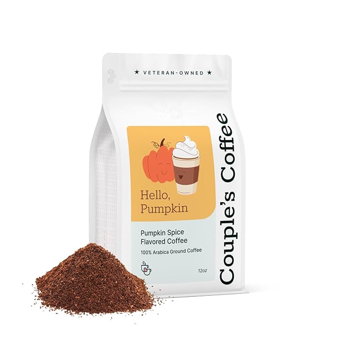 Couple?™s Coffee Ground Coffee | Gives Back to Military Families | Hello Pumpkin | Medium Roast Pumpkin Spice Flavored Coffee | Made with 100% Arabica Beans | 12oz bag brews about 34 cups