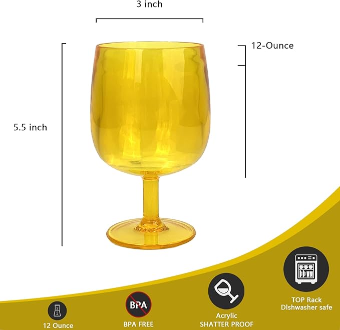 Yalin Set of 6 Unbreakable 12 oz Acrylic Plastic Wine and Water Tumbler Stackable Goblets. (Yellow, 12 oz)