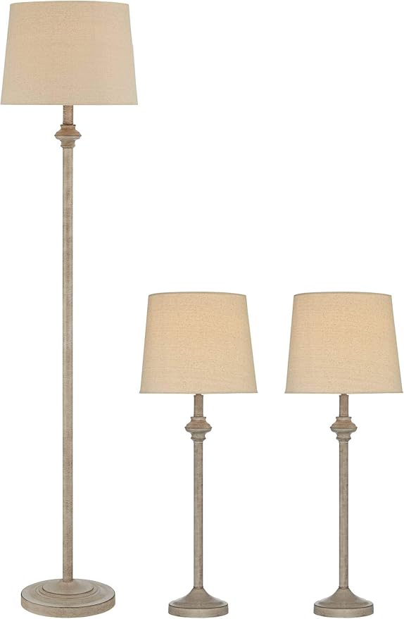360 Lighting Carter Traditional 3 Piece Table Floor Lamp Set Beige Metal Cream Fabric Tapered Drum Shade Decor for Living Room Bedroom House Bedside Nightstand Home Office Reading Family
