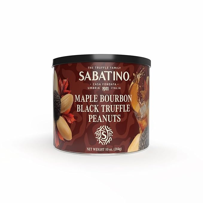 Sabatino Maple Bourbon Black Truffle Peanuts ??Gourmet Roasted Peanuts with Maple Bourbon & Black Truffle, Premium Snack, 10 oz Tin