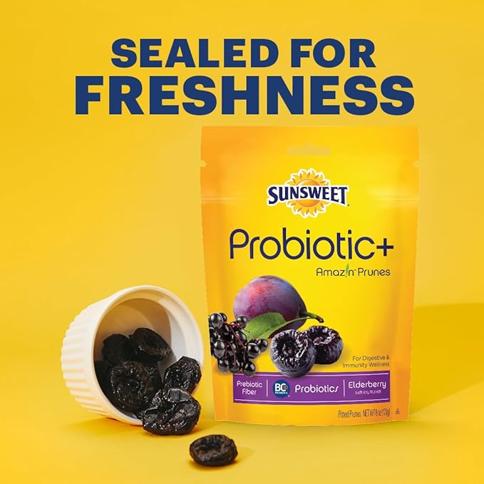 Sunsweet Pitted Prunes with Probiotics - Unsweetened, Dried, Gluten Free & Unsulphured - Natural Elderberry Flavor - Fiber & Minerals, 6oz - 4 Pack
