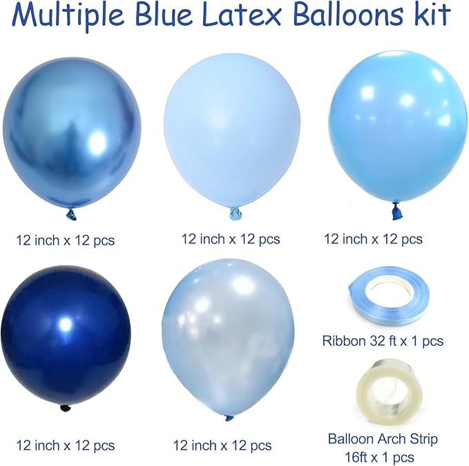 Blue Balloon Metallic Blue Balloons, 60Pcs 12Inch Chrome Blue Balloons Kit Macaron Baby Pearl Navy Blue Latex Balloons for Birthday Wedding Baby Shower Party Decoration