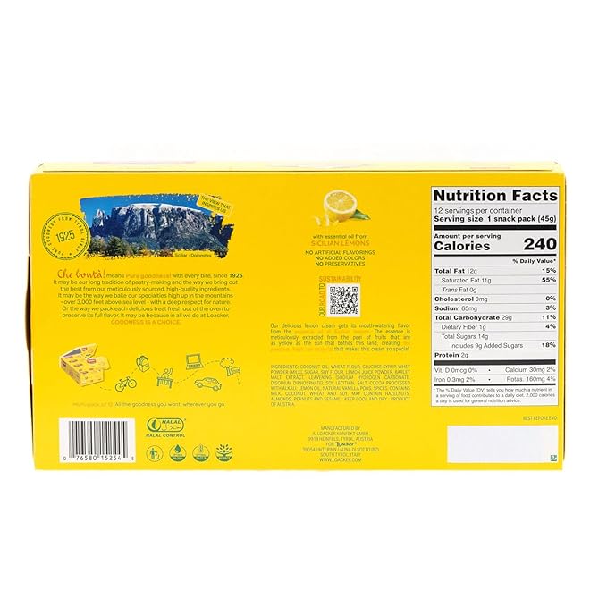 Loacker Classic Lemon Wafers - Premium Crispy Wafer Cookies with Lemon Cream Filling - Multipack of 12 Snack Packs - NON-GMO - Sicilian Lemons - 45g/1.59oz, Pack of 12