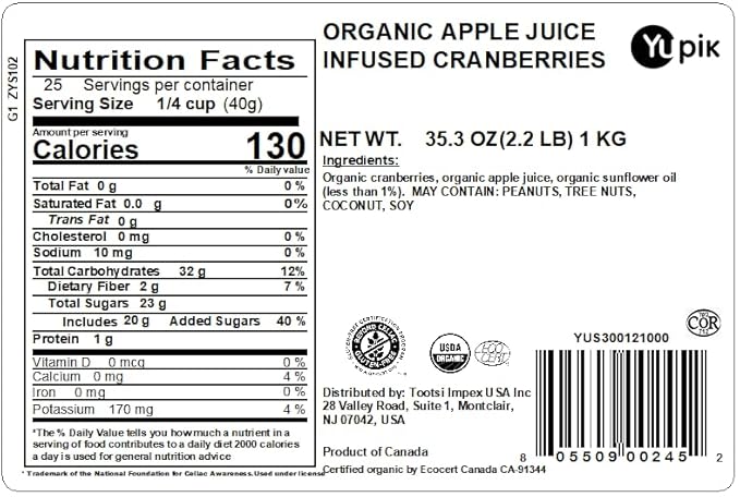 Yupik Organic Cranberries, Apple Juice Infused, 2.2 lb, Non-GMO, Gluten-Free, Vegan, Kosher, Dried Fruits, No Added Sugar, Plump & Chewy, Source of Fiber, Healthy Snacks, Ideal for Baking & Topping