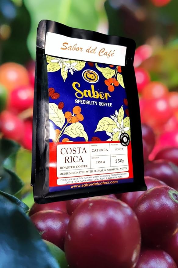 Sabor del Café ??Costa Rican Coffee Whole Bean, Medium Roast ??Specialty Coffee, Honey Processed for Sweetness ??100% Organic, Caturra Varietal, Aromatic & Smooth Flavor, 2x250g