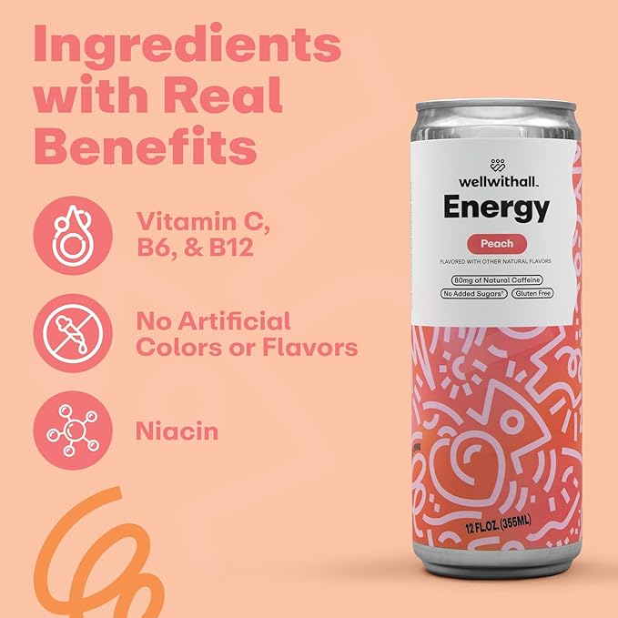 WellWithAll Peach Energy Drink ??Caffeine from Tea ??With Vitamin C ??Lightly Sparkling Beverage ??Fruit & Veggie Juice Blend ??12 Oz (Pack of 12)