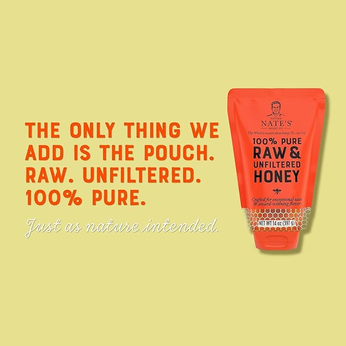 Nate's 100% Pure, Raw & Unfiltered Honey, No-Drip Sustainable Squeeze Pouch; Purity Guarantee, No Additives, 14 Ounce