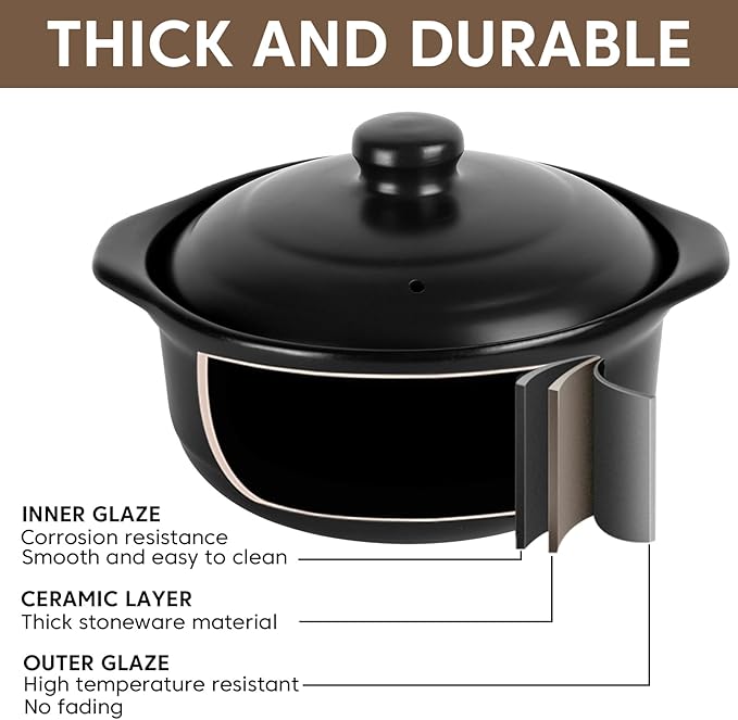 Ceramic Pots with Lid Cookware StockPot Clay Pot for Cooking (Black, 1.9 Quart)