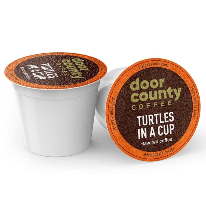Door County Coffee Turtles in a Cup Flavored Ground | 10 Count Single Serve Cups | Medium Roast | 100% Specialty Arabica | Flavored Gourmet | Caramel and Toasted Pecan