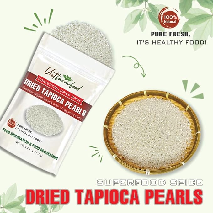 DRIED TAPIOCA PEARLS 5.29 Oz (150g) VIETFARMFOOD: Natural pure, convection dried seasoning made from real vegetables - perfect for adding flavor to any meal, from cooking, baking, salads, sauces