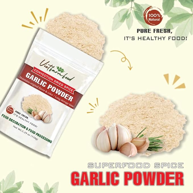 GARLIC POWDER 5.29 Oz (150g) VIETFARMFOOD: Natural pure, convection dried seasoning made from real vegetables - perfect for adding flavor to any meal, from cooking, baking, salads, soups, sauces