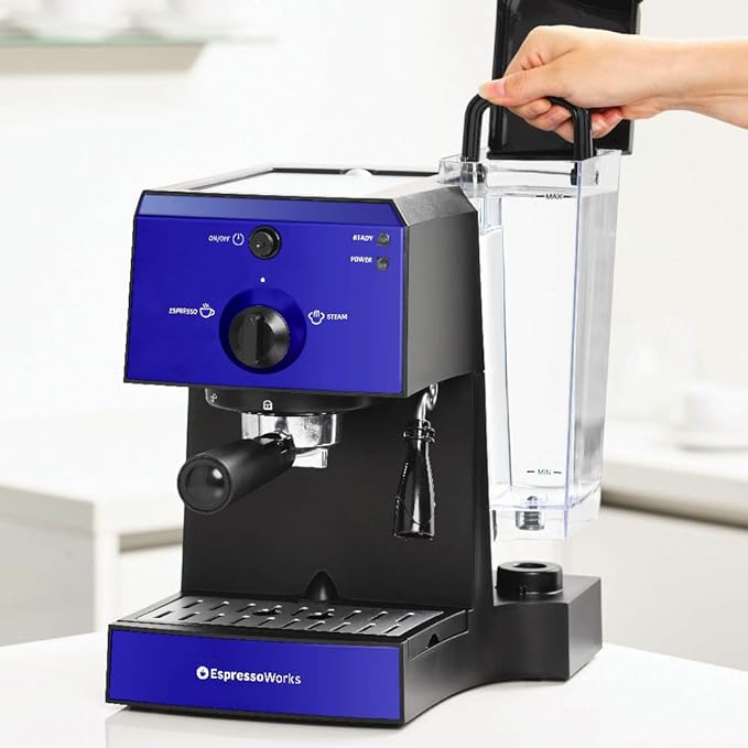 EspressoWorks All-In-One Espresso Machine with Milk Frother 7-Piece Set - Latte Maker Includes Grinder, Frothing Pitcher, Cups, Spoon and Tamper - Coffee Gifts (Blue)