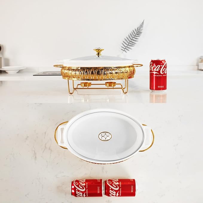 10" x 7" Ceramic Oval Casserole Dish with Glass Lid and Gold rack, 30 Ounce White Serving Soup Tureen,Chafing Dish for Buffet, Family Food preserve Tray, Catering Casserole for Party Style