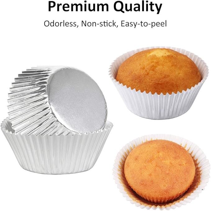 Caperci Silver Foil Cupcake Muffin Liners Standard Size Baking Cups 150-Pack - Premium Greaseproof & Sturdy