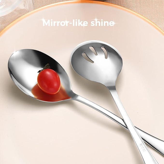 4 Piece Stainless Steel Serving Spoons Set, 10-Inch, Includes 2 Large, 2 Slotted, for Parties/Kitchen/Buffet/Catering, Dishwasher Safe
