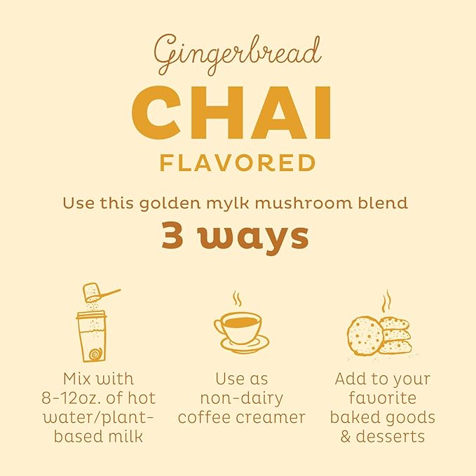 KOS Golden Mylk with Tumeric and Ginger, Organic Superfood Latte Powder, Adaptogen Mushroom Blend - Coffee Creamer, Dessert & Smoothie - Caffeine Free, Vegan, Dairy-Free, Gingerbread Chai, 28 Servings