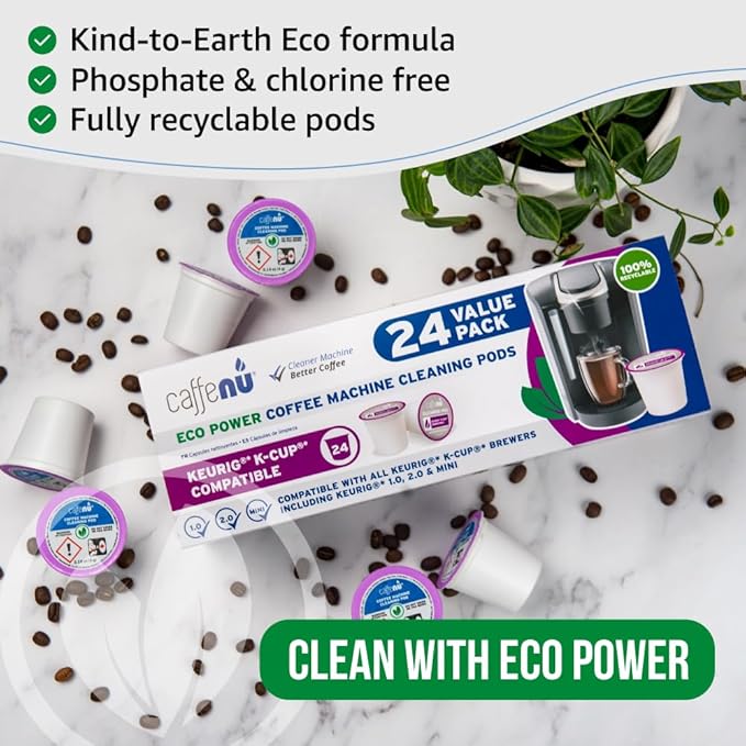 Keurig Compatible Cleaning Pods. 24 Rinse Pods Cleaner Kit. Eco Friendly, Removes Stale Coffee Residue & Stains. Keurig 1.0 & 2.0 Coffee Makers.