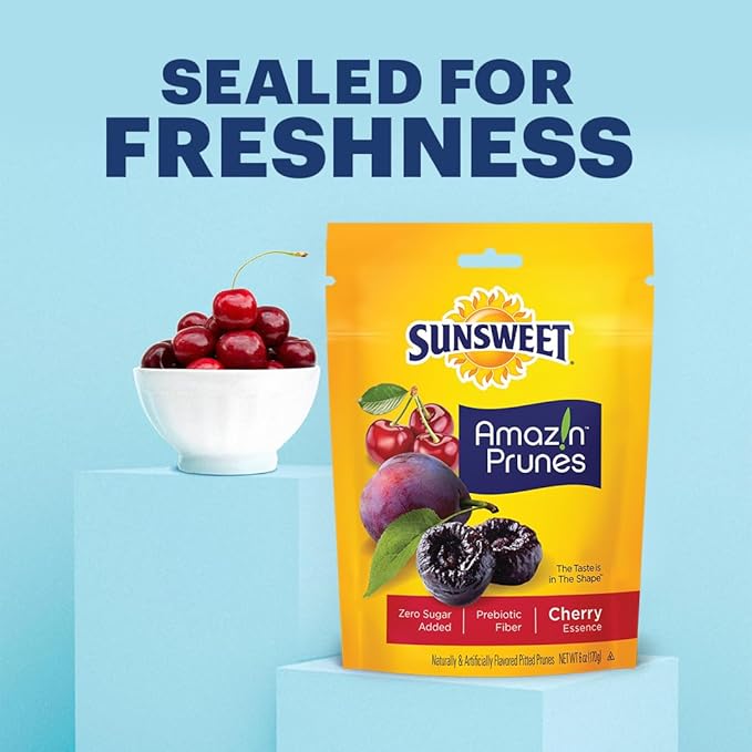 Sunsweet Amazin' Prunes Cherry Essence - Prunes Pitted Unsweetened & Dried - Gluten Free, Vegan, Low Fat - Fiber & Minerals - 6 oz pouch - 6 Pack