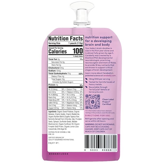 Cerebelly Organic Baby Food Pouches ??Dairy Free Smoothies for Toddlers | No Added Sugar, Fiber, Non-GMO | Toddler Smoothie Pouches | 4oz BPA-Free Baby Food | Sweet Potato Banana Blueberry | 6 Count