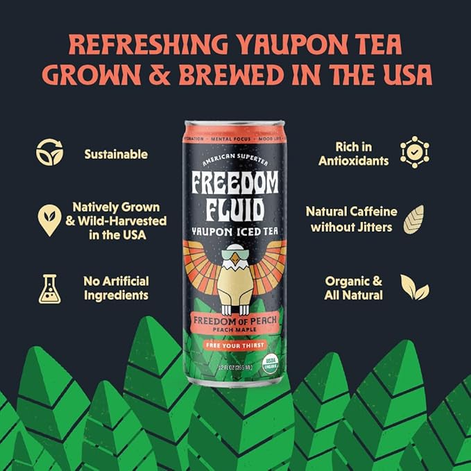 Freedom Fluid Organic Yaupon Iced Tea – Refreshing Peach | Herbal Tea Drink | Lightly Sweetened, Low Sugar, Low Calories, Real Brewed Tea, Clean Ingredients, Antioxidant Rich, Natural Caffeine, 12 Pack (12 oz cans)