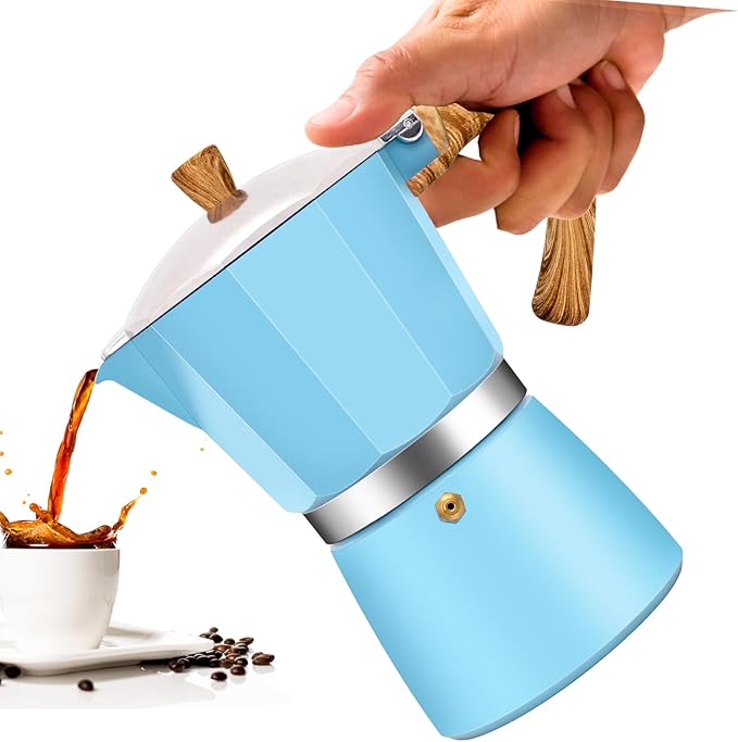 3 Cup Aluminum Moka Pot Classic Stovetop Espresso Coffee Maker 150ml 5oz Coffeemaker Percolator Mocha Pot Greca Coffee Maker Cafe Makers for Italian and Cuban Cafì±?Brewing Blue