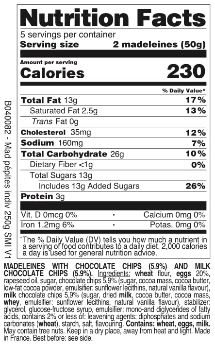 St Michel Chocolate Chip Madeleines French Sponge Cakes Made In France, Pack of 2 (250g each) Non-GMO. Total of 20 Individually wrapped All Butter Traditional Madeleines Sponge Cakes