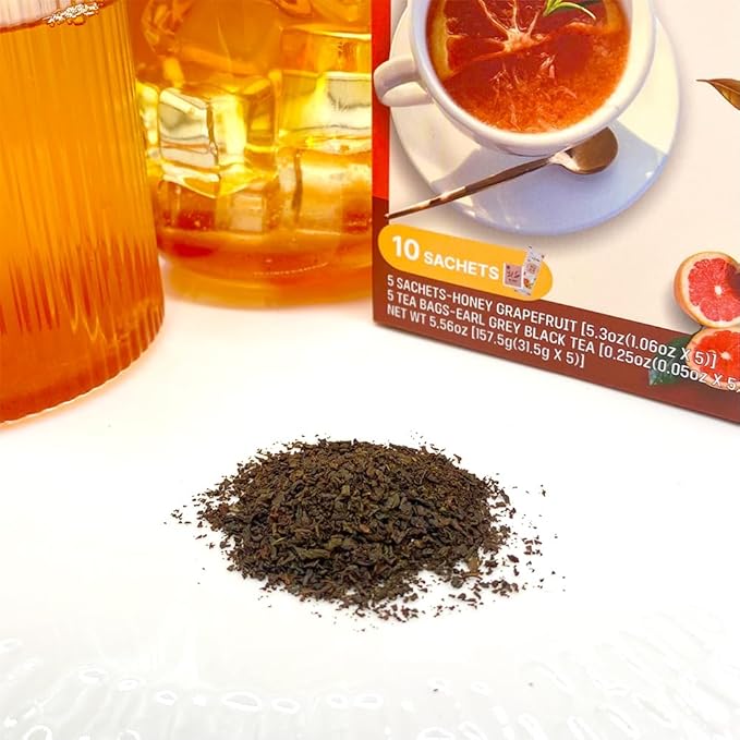 KAYFOOD Garden Honey Grapefruit Tea Powdered & Earl Grey Black Tea Bag Mix 10 Sticks (5.56oz), (Honey Grapefruit 5 Sticks & Early Grey Black 5 Teabags)