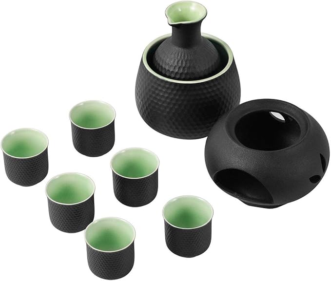 Ceramic Sake Set Cups with Warmer Keep Sake Storage Box, Traditional Porcelain Pottery Hot Saki Drink, 9pcs include 1 Stove 1 Warming Bowl 1 200ml Sake Bottle 6 Cup