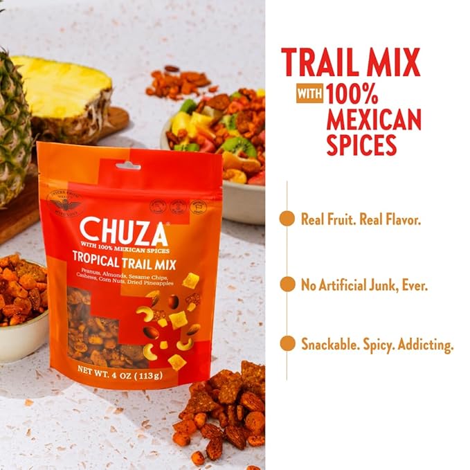 CHUZA Spicy Tropical Trail Mix ??Bold & Crunchy Snack with 100% Mexican Spices ??Peanuts, Almonds, Cashews, Sesame Chips, Corn Nuts & Dried Pineapples ??No Cholesterol, High Protein ??4 oz (Pack of 2)