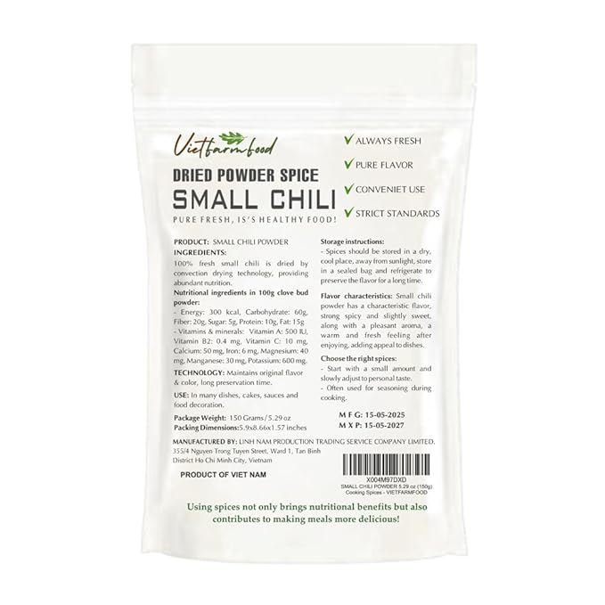 SMALL CHILI POWDER 5.29 Oz (150g) VIETFARMFOOD: Natural pure, convection dried seasoning made from real vegetables - perfect for adding flavor to any meal, from cooking, baking, salads, soups, sauces