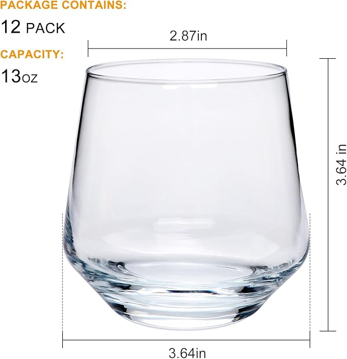 Wine Glasses Set of 12, 13 oz Heavy Base Glasses Drinking Glasses for Scotch, Cocktail, Whiskey and Juice, Dishwasher Safe Glassware, Gifts for Friend,Ideal Glassware for Special Moments