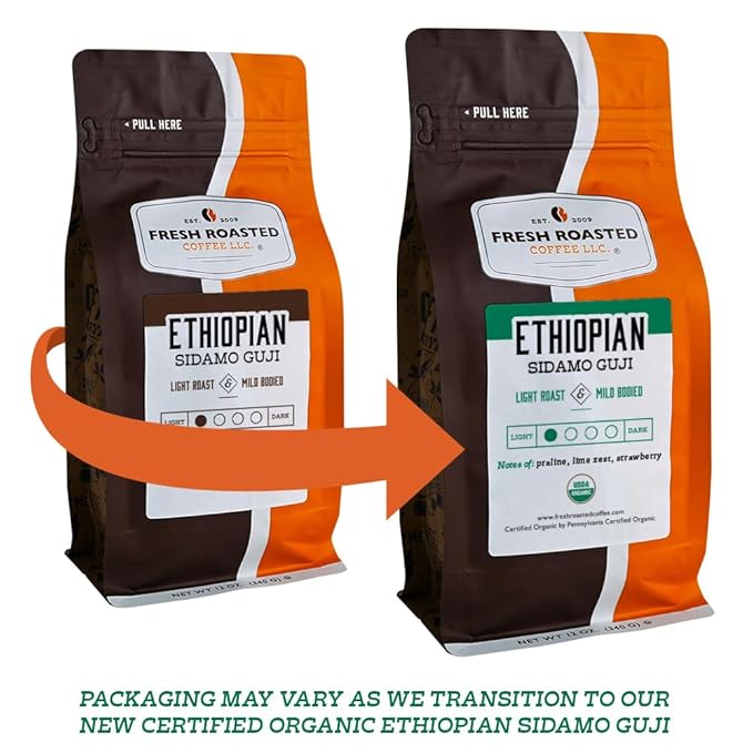 Fresh Roasted Coffee, Organic Ethiopian Sidamo Natural | USDA Organic, 100% Single Origin, Kosher | Light Roast 12 oz Whole Bean