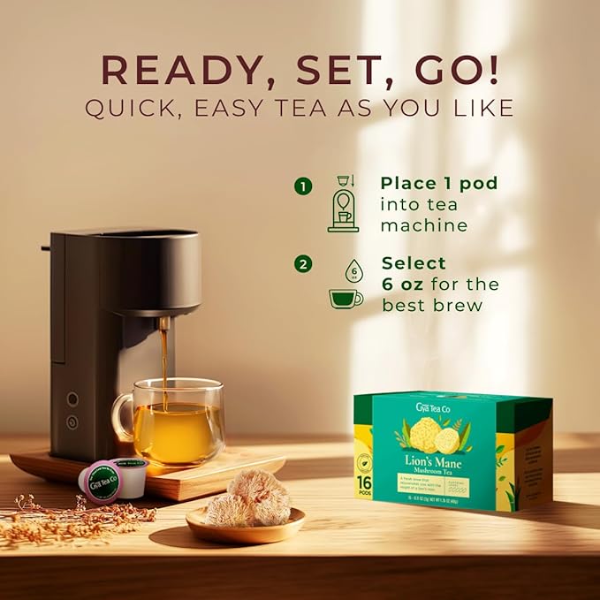 Gya Tea Co Lion's Mane Mushroom Tea Gift Set (16 ct) - Decaf Tea Pod for Nourish & Wellness