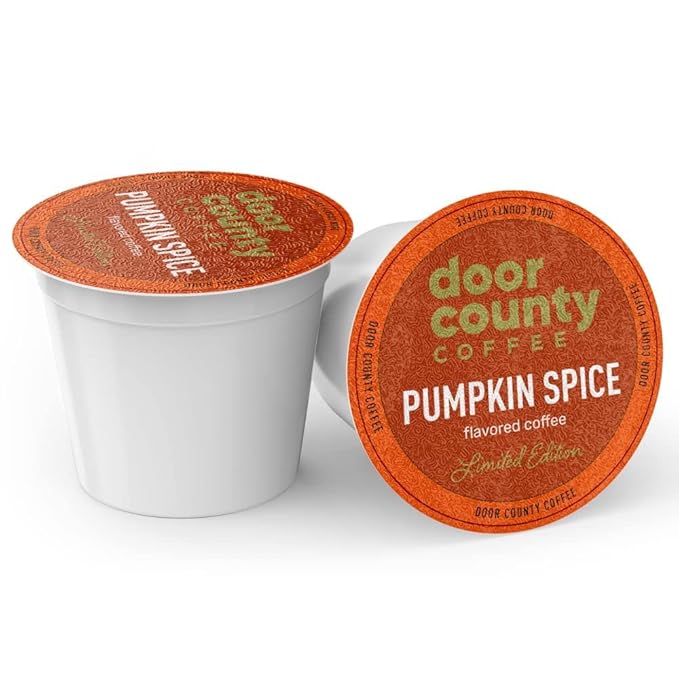Door County Coffee Pumpkin Spice Fall Flavored Ground | 10 Count Single Serve Cups | Medium Roast | 100% Specialty Arabica | Flavored Gourmet | Cinnamon & Nutmeg