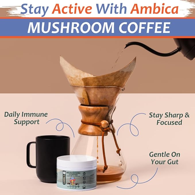 Ambica Organic Instant Mushroom Coffee Blend- Advanced Ten Mushrooms Coffee Mix for Brain Health, Weight Support, Immunity, Energy & Gut Health- Natural Coffee Alternative - 24 Servings - 4.23 Ounce