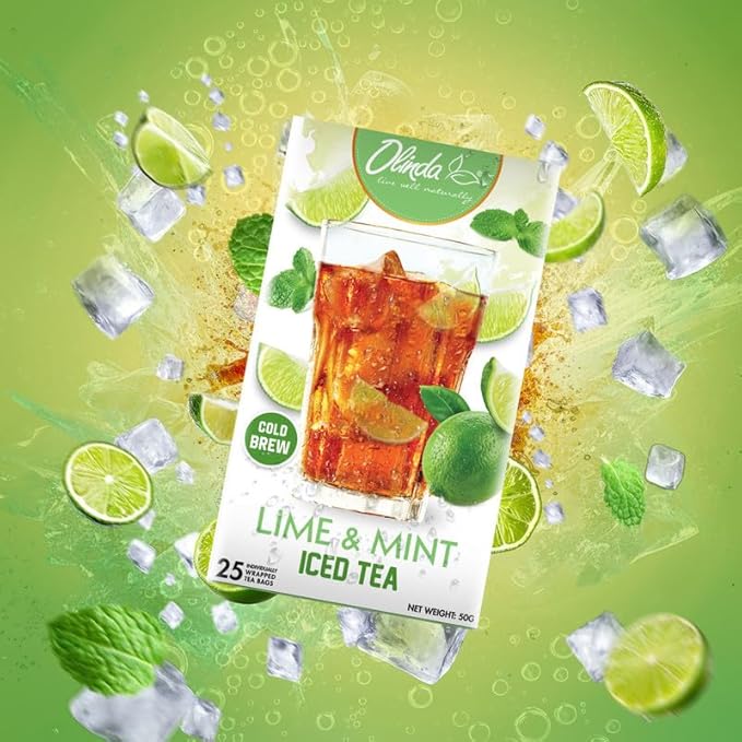 Olinda Lime & Mint Iced Tea Flavored Cold Brew with Black Tea Zero Calories Zero Carbs Zero Sugar Antioxidant Rich Summer Caffeinated Mint Easy to Make Individually Wrapped 25 Tea Bags