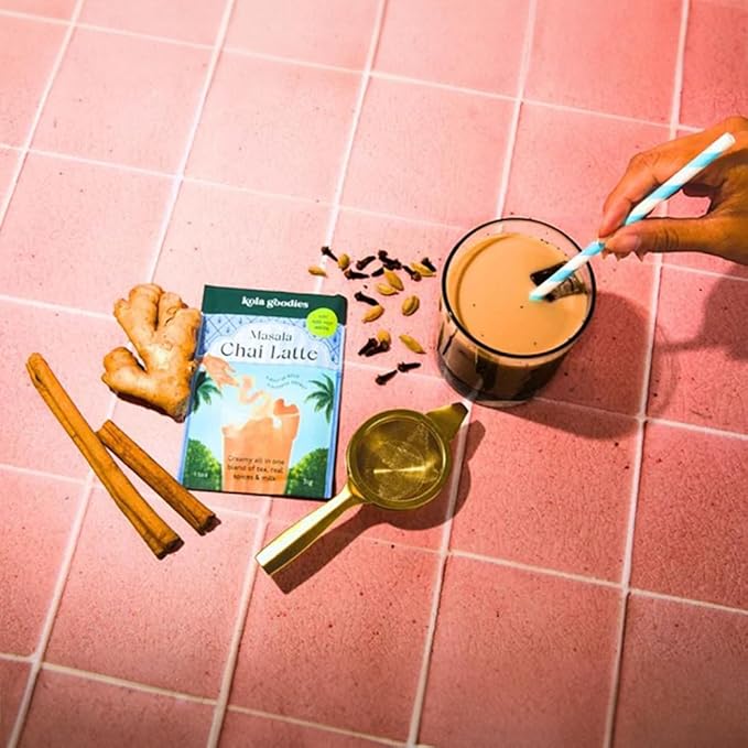 Kola Goodies Masala Chai Lazy Girl Tea Latte Powder – Indian Chai Mix with Ceylon Black Tea, Cardamom, Ginger, Cinnamon – Instant Spiced Chai Drink – 10 Sachets – Milk Tea Latte