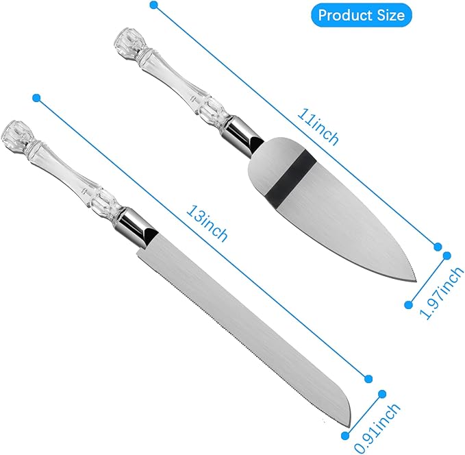 2PCS/Set Wedding Cake Knife and Server Set, Cake Cutting Set for Wedding with Faux Crystal Handles & Premium 410 Stainless Steel Blades for Wedding Cake, Birthdays, Anniversaries, Parties