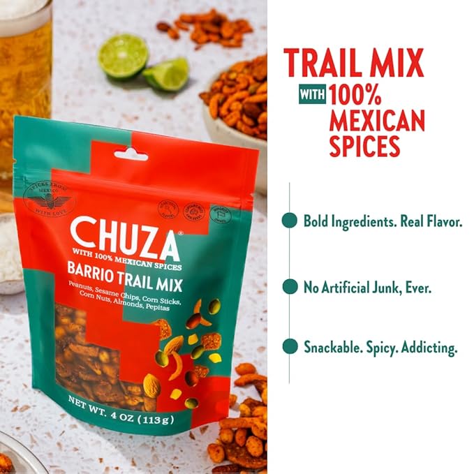 CHUZA Barrio Trail Mix ??Spicy Crunchy Snack with 100% Mexican Spices ??Peanuts, Corn Nuts, Almonds, Pepitas, Corn Sticks & Sesame Chips ??High Protein, Gluten-Free ??4 oz (Pack of 2)