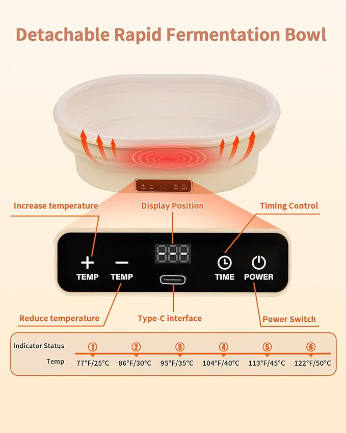 4L Heating Bread Proofing Basket Set Foldable Thermostatic Silicone Bowl with 77-122??6 Gears Temperature & 6H Timer, for Artisan Baking Sourdough Starter Bread Making Supplies Tools Kit