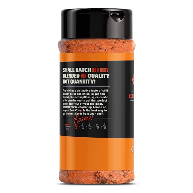 Kosmos Q Cow Cover BBQ Dry Rub, Smoky & Savory Beef Seasoning with Chili Pepper, Garlic, Onion & Paprika for Steak, Burgers, Brisket, Wild Game, Chicken, BBQ Rub for Grilling & Smoking, 10.5 Oz Shaker