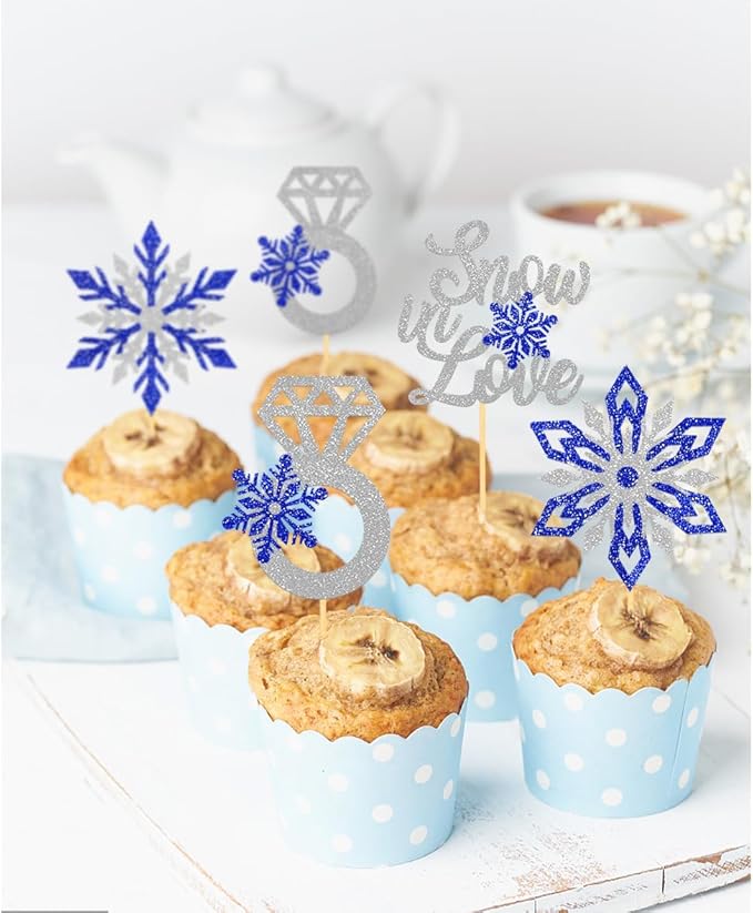 24PCS Snow in Love Cupcake Toppers for Winter Snowflake Decorations, Frozen Snowflake Love Cake Toppe for Bridal Shower Party Decorations (Love B)