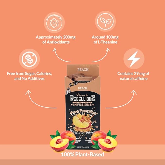 Rebellious Peach Organic Drink Mix ??Organic Zero Calorie Energy Drink Mix | Monk Fruit & Green Tea Extract | L-Theanine + Natural Caffeine | 100% Plant-Based | Pack of 10 | Keto, Kosher, Gluten-Free
