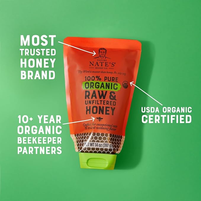 Nature Nate's 100% Pure USDA Organic Raw & Unfiltered Honey, Two 14 oz. No-Drip Sustainable Squeeze Pouches; Purity Guarantee, No Additives
