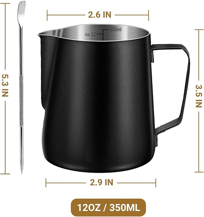 Milk Frothing Pitcher, 350ml/600ml (12oz/20oz) Milk Frother Cup Stainless Steel Jug Steaming Pitcher, Milk Coffee Cappuccino Latte Art Barista Steam Pitchers Milk Jug Cup with Decorating Pen
