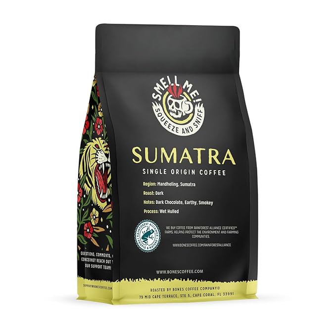 Bones Coffee Company Sumatra Single-Origin, Dark Chocolate, Smoky Earthy Notes, Whole Coffee Beans, Low Acid Darl Roast Arabica Beans Flavored Coffee, 12 oz Whole Bean